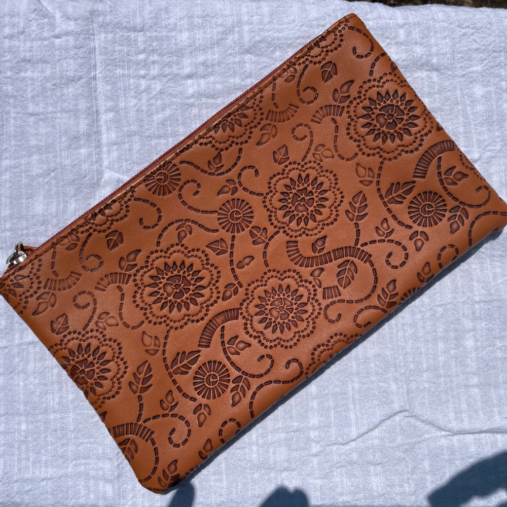 Floral Embossed Tan Clutch